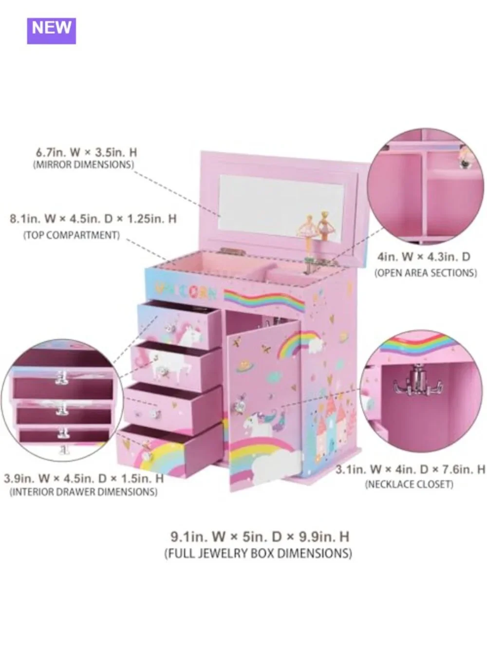 5-Layer Musical Jewelry Box Spinning Ballerina Unicorn Castle Design Jewelry